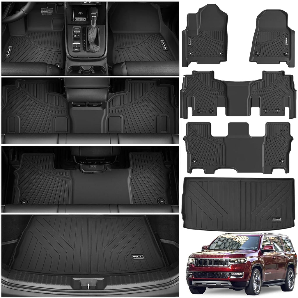 Floor Mats & Cargo Liner for 2022-2025 Jeep Wagoneer 8 Passenger Model with 2nd Row Bench Seat All Weather Protection TPE Rubber Full Set Automotive Mat Accessories, Black (Non L)