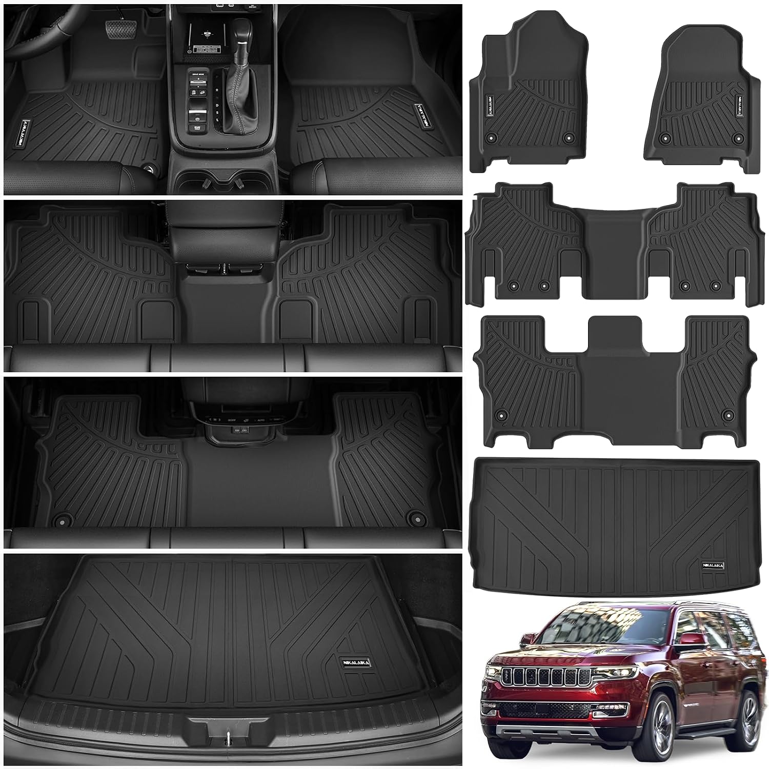 Floor Mats & Cargo Liner for 2022-2025 Jeep Wagoneer 8 Passenger Model with 2nd Row Bench Seat All Weather Protection TPE Rubber Full Set Automotive Mat Accessories, Black (Non L)