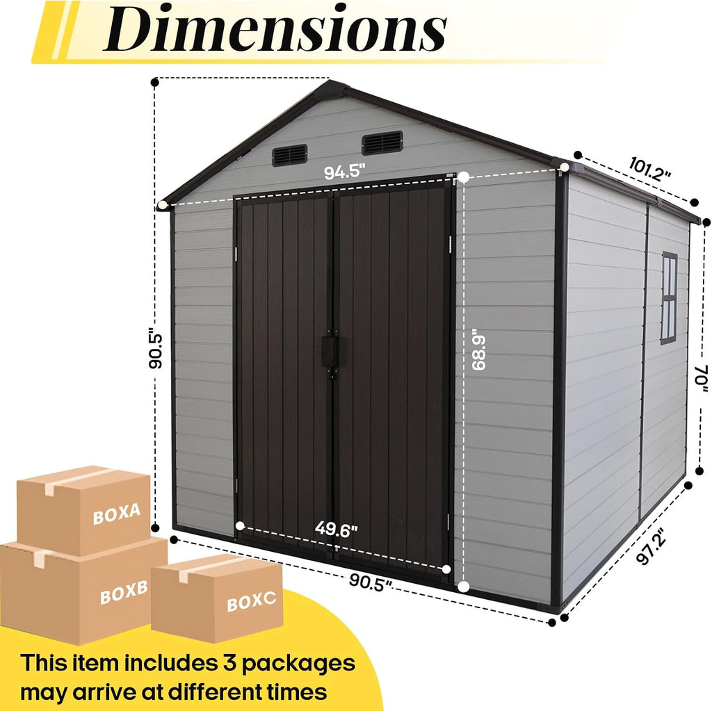 8x8ft Resin Outdoor Storage Shed with Floor and 2 Windows, Plastic Sheds & Outdoor Storage Clearance for Patio Furniture, GardenTools, Bike Accessories and Lawn Mower, Brown+White