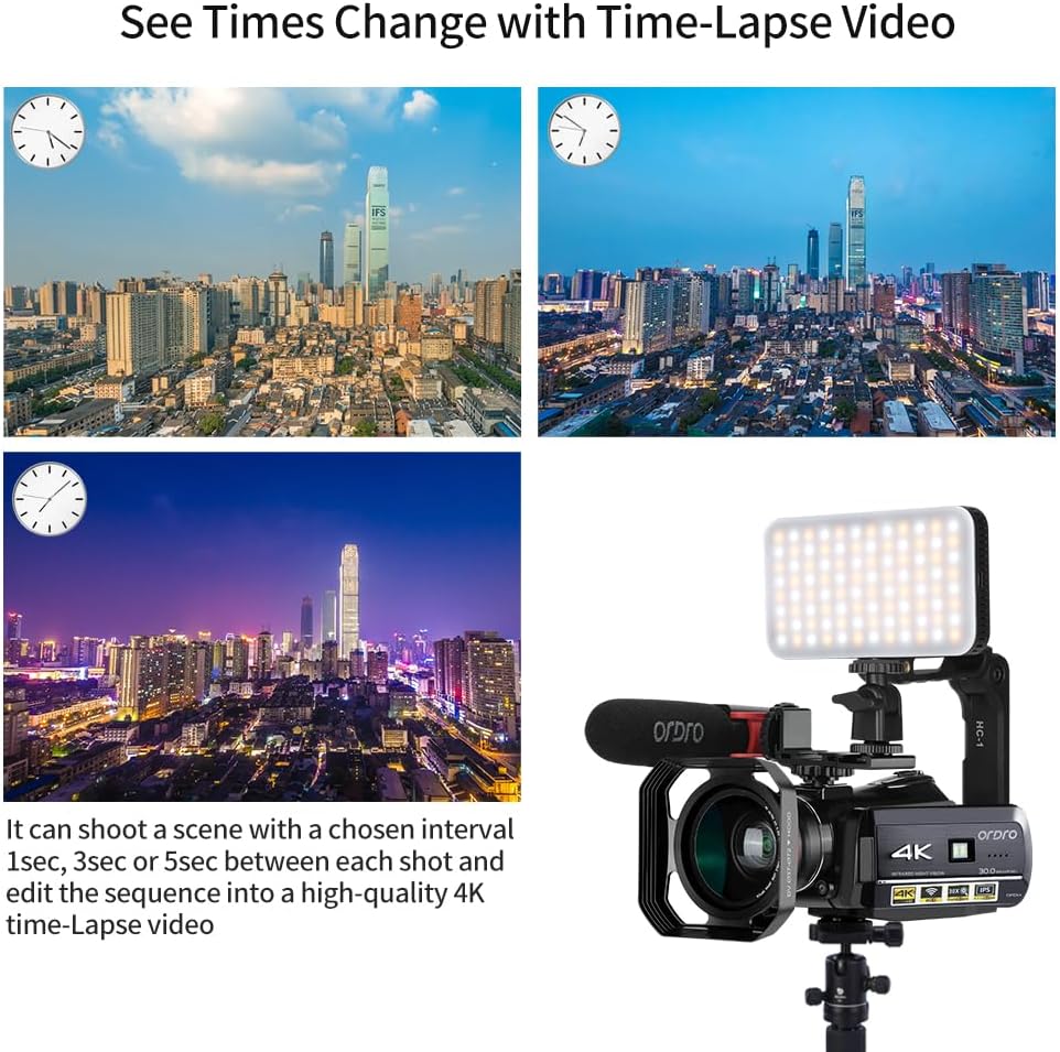ORDRO UHD 4K Video Camera IR Night Vision Vlogging Camera for YouTube Digital Zoom Recorder with Microphone, Wide Angle Lens, LED Video Light, Handheld Stabilizer, Carrying Case,64GB Memory Card