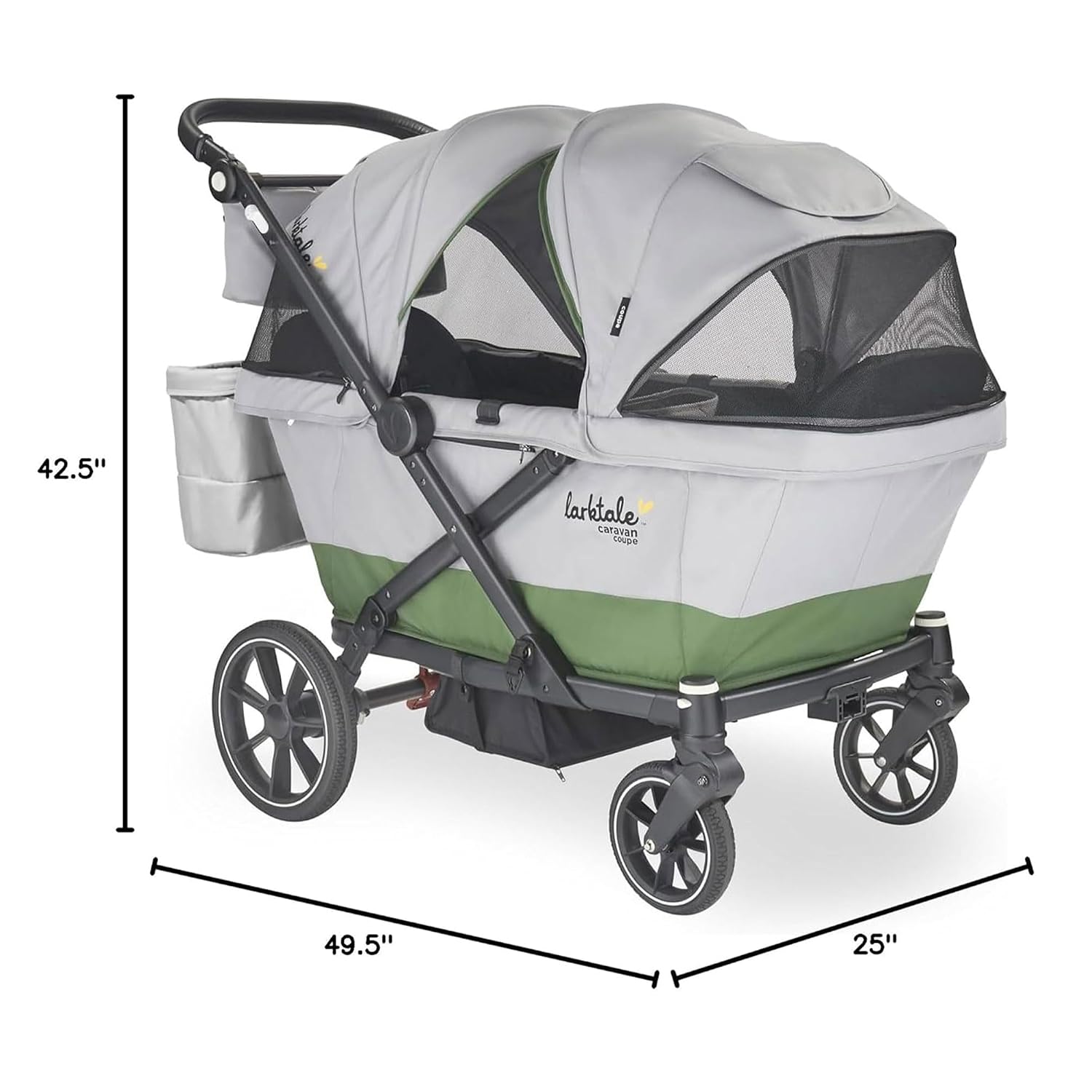 Larktale Caravan Coupe V2, Compact Stroller Wagon with Reclining Seats for 2 Kids, Gray/Green