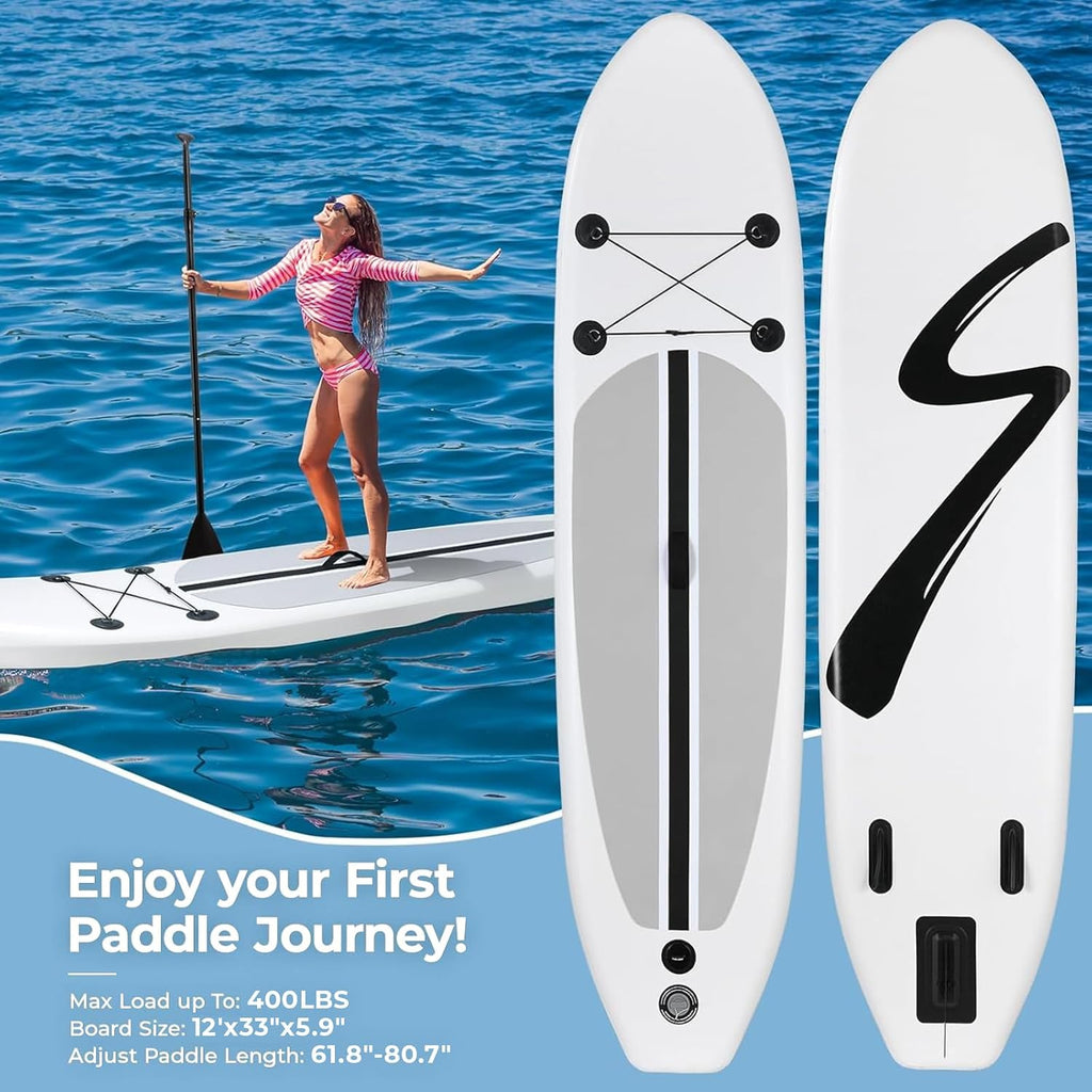 TLSUNNY 12FT Inflatable Stand Up Paddle Board, 3 Fins Paddleboard with Full SUP Accessories for All Skill Levels, Portable Two-Way Hand Pump and Carry Bag, 400LBS