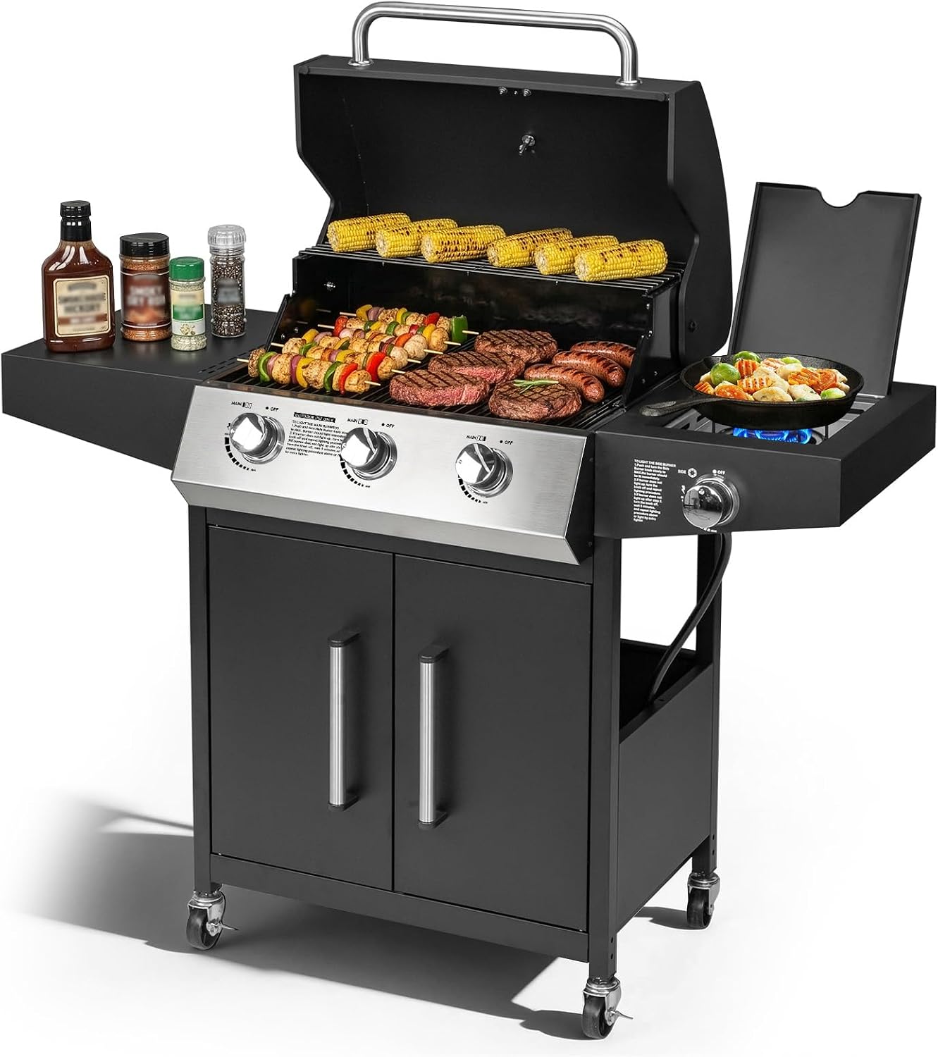 Bonnlo 3 Burner Propane Grills with Side Burner and Porcelain-Enameled Grates, 46000BTU Gas Grill with Side Shelf and Portable Rolling Wheels, Grill for Outdoor Cooking BBQ Patio Backyard