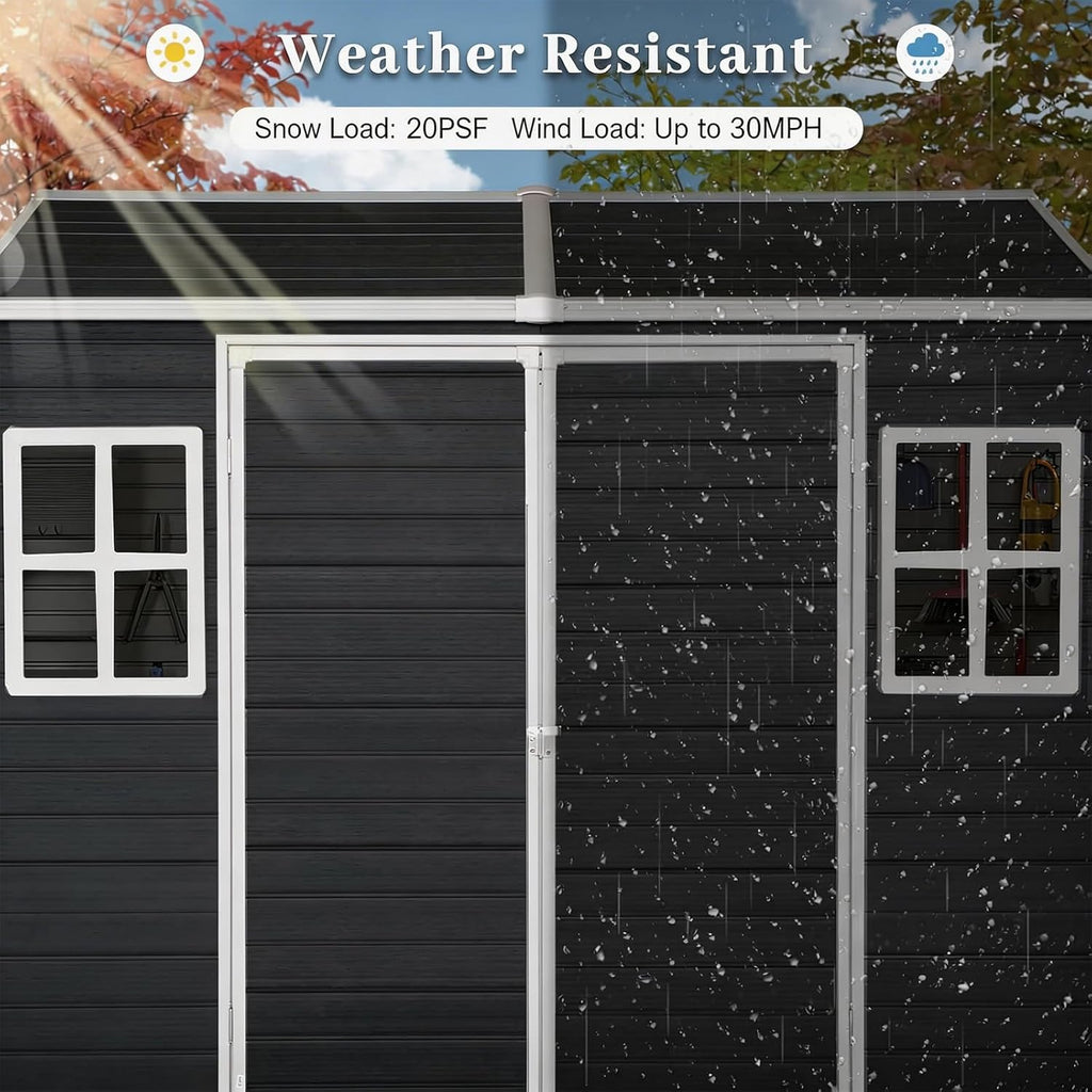 8x4 FT Resin Shed with Floor Included, Plastic Sheds & Outdoor Storage Clearance with 2 Windows and Lockable Door for Backyard, Bike, Garden Tools (Black)