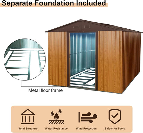 10 x 8 FT Outdoor Storage Shed, Metal Garden Shed with Floor Frame, Large Tool Shed Outdoor Storage with Lockable Sliding Doors & Air Vents, Storage House Waterproof for Backyard, Lawn, Coffee