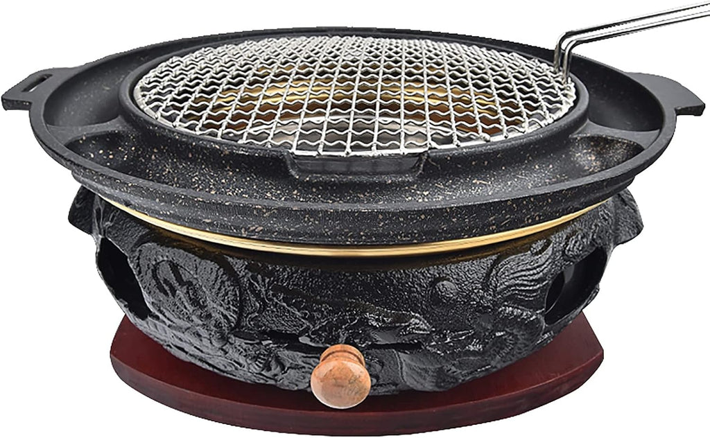BBQ Barbeque Barbecue Grill, BBQ, Top Korean Smokeless Charcoal Dragon Pattern Cast Iron Grill, Stainless Steel Striped Plate, 18 Styles (Color : Q)