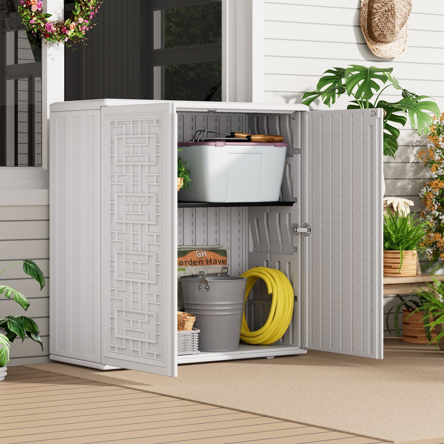 HOMSPARK Indoor/Outdoor Storage Cabinet with Doors and Shelf, 34'x15'x36' HDPE Plastic Storage Box Waterproof for Patio, Garden, Balcony, Multi-Purpose for Daily Tools, White