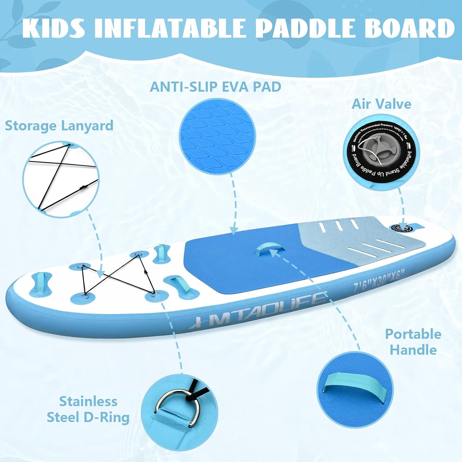 Kids Inflatable Stand Up Paddle Board, Kids Paddle Board with SUP Accessories, Anti-Slip EVA Deck, 7'6''Child SUP for Kids & Youth