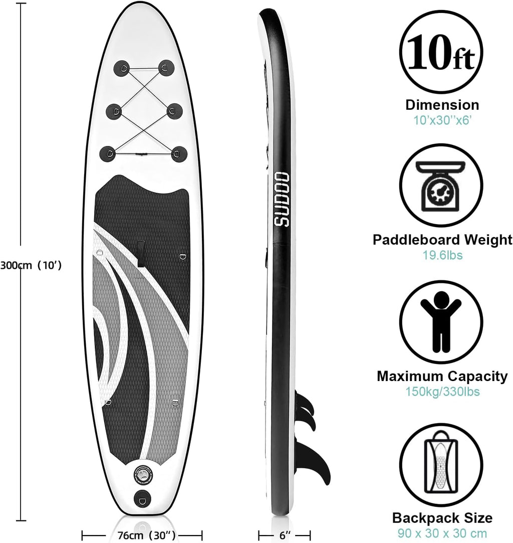 SUDOO Inflatable Stand Up Paddle Board 10'x30 x6 Ultra-Light SUP Stand-Up Paddleboard for Adults & Youth with Backpack, Pump, Paddle, Coil Leash, Triple Fins, Repair Kit