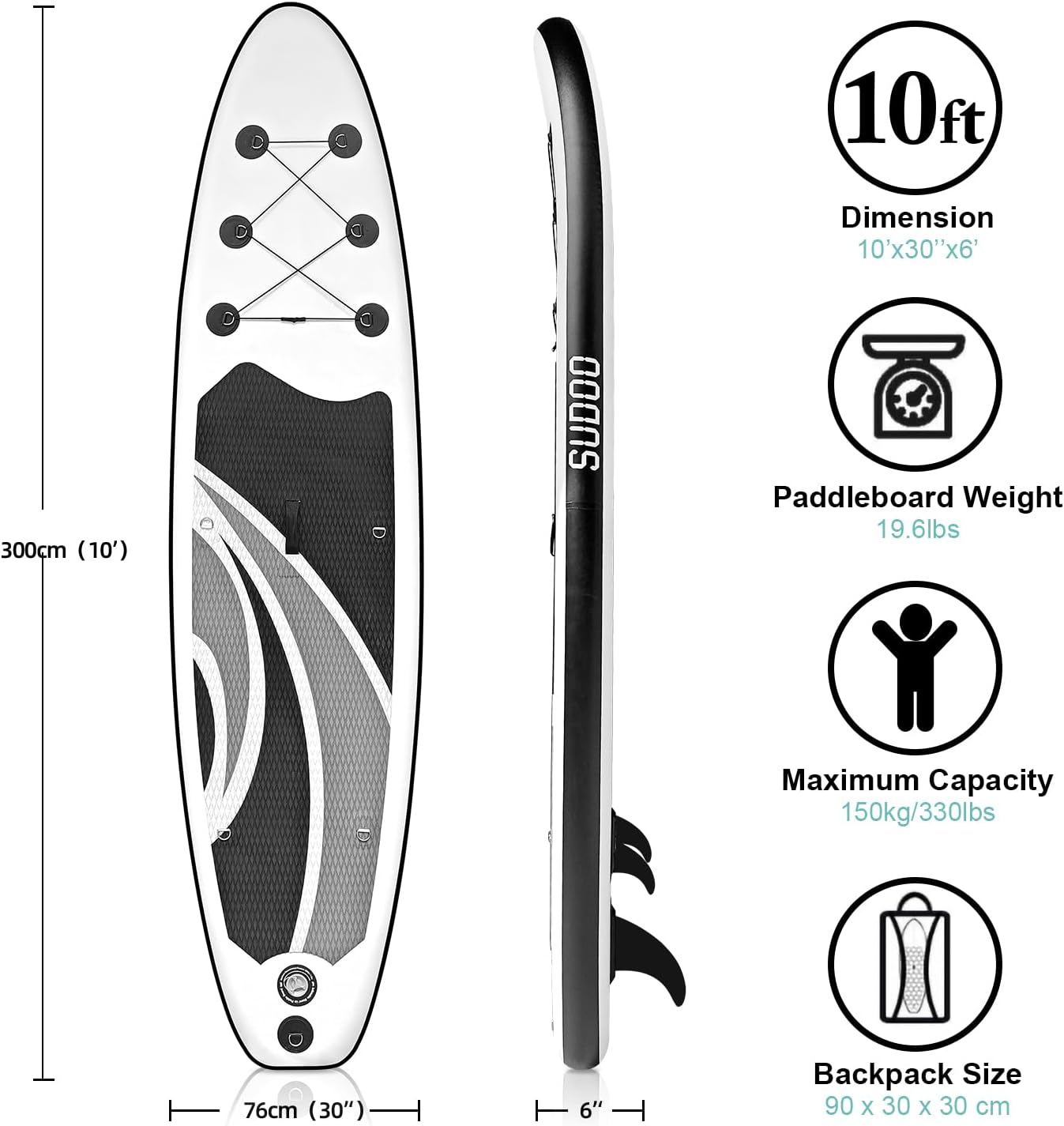 SUDOO Inflatable Stand Up Paddle Board 10'x30 x6 Ultra-Light SUP Stand-Up Paddleboard for Adults & Youth with Backpack, Pump, Paddle, Coil Leash, Triple Fins, Repair Kit