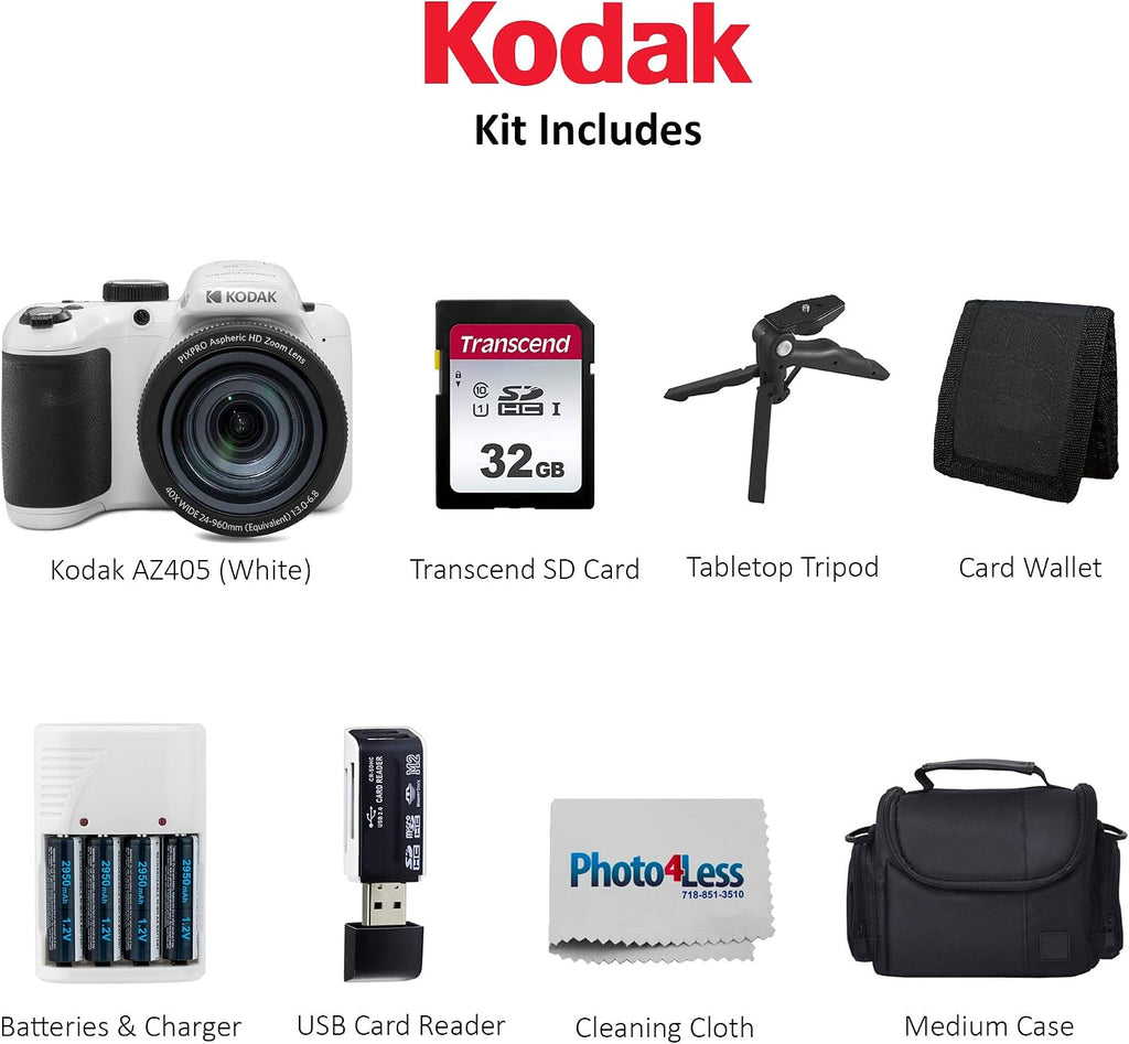 Kodak PIXPRO AZ405 Digital Camera (White) Bundle with Case, 32 GB SD Memory Card, Memory Card Wallet, Card Reader, Table Tripod, 4 AA Batteries & White Charger and Cloth