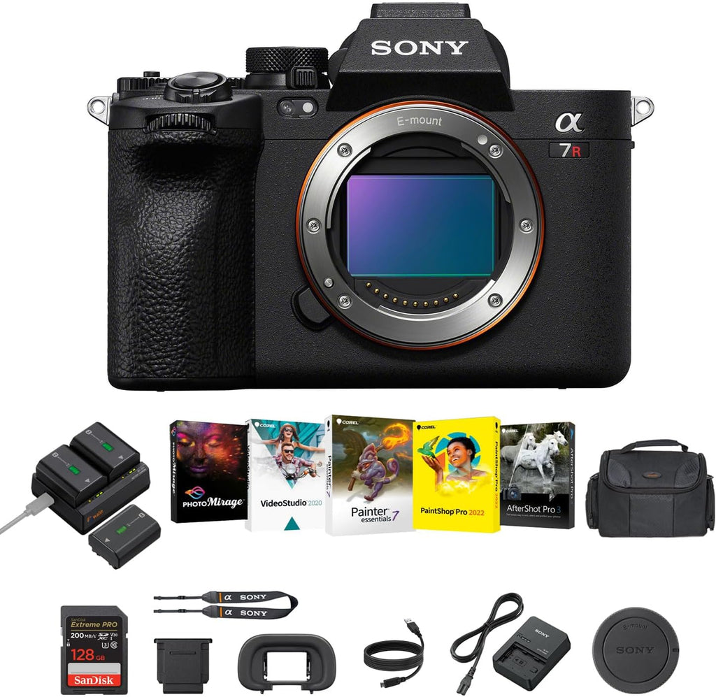 Sony a7R V Mirrorless Camera (Black) - 61MP Full-Frame Digital Camera with Batteries & Dual Charger Kit, Corel Software Kit, 128GB SDXC Memory Card & Large DSLR Bag - Essential Bundle