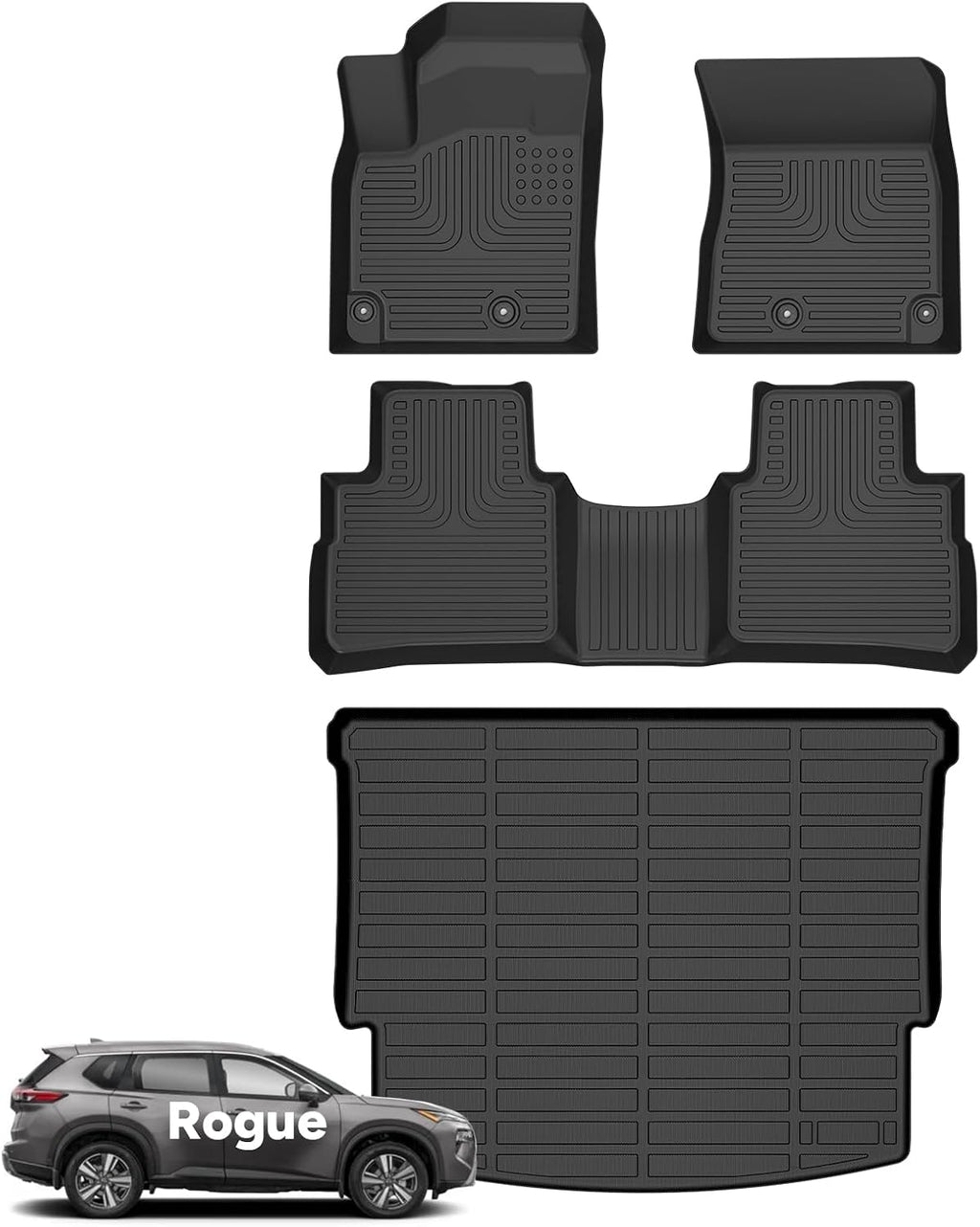 Wayhigh® Floor Mats & Cargo Liner for 2021 2022 2023 2024 2025 2026 Nissan Rogue S/SV/SL/Platinum（Not Sport）, Custom Fit All Weather TPE Heavy Duty Car Mats for Nissan Rogue Accessories- Black