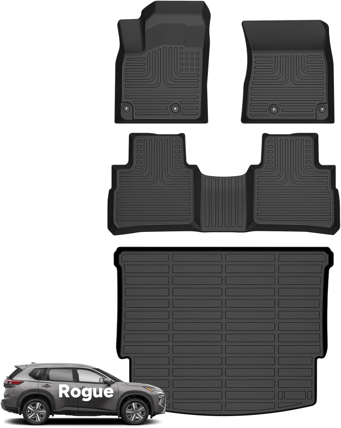 Wayhigh® Floor Mats & Cargo Liner for 2021 2022 2023 2024 2025 2026 Nissan Rogue S/SV/SL/Platinum（Not Sport）, Custom Fit All Weather TPE Heavy Duty Car Mats for Nissan Rogue Accessories- Black