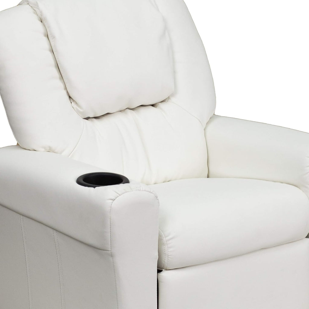 Flash Furniture Vana Vinyl Kids Recliner with Cup Holder, Headrest, and Safety Recline, Contemporary Reclining Chair for Kids, Supports up to 90 lbs., White