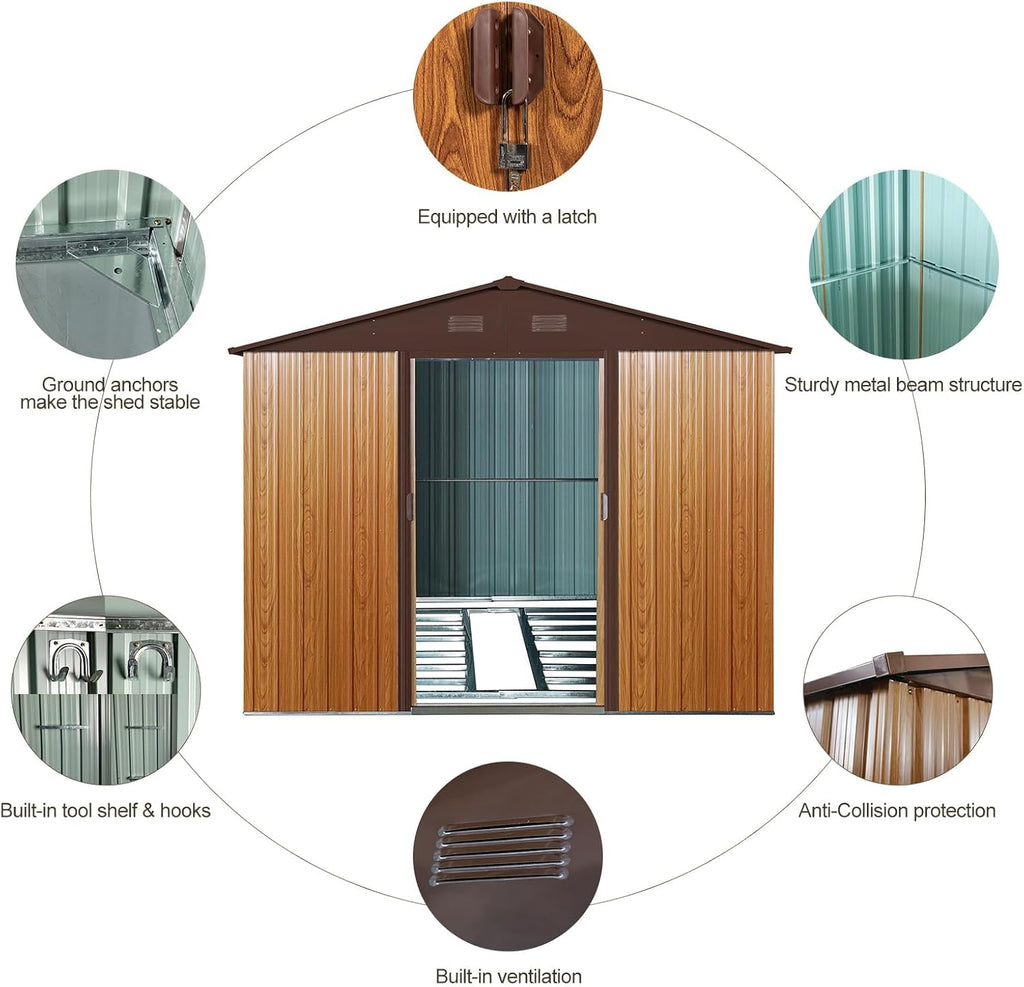 10 x 8 FT Outdoor Storage Shed, Metal Garden Shed with Floor Frame, Large Tool Shed Outdoor Storage with Lockable Sliding Doors & Air Vents, Storage House Waterproof for Backyard, Lawn, Coffee