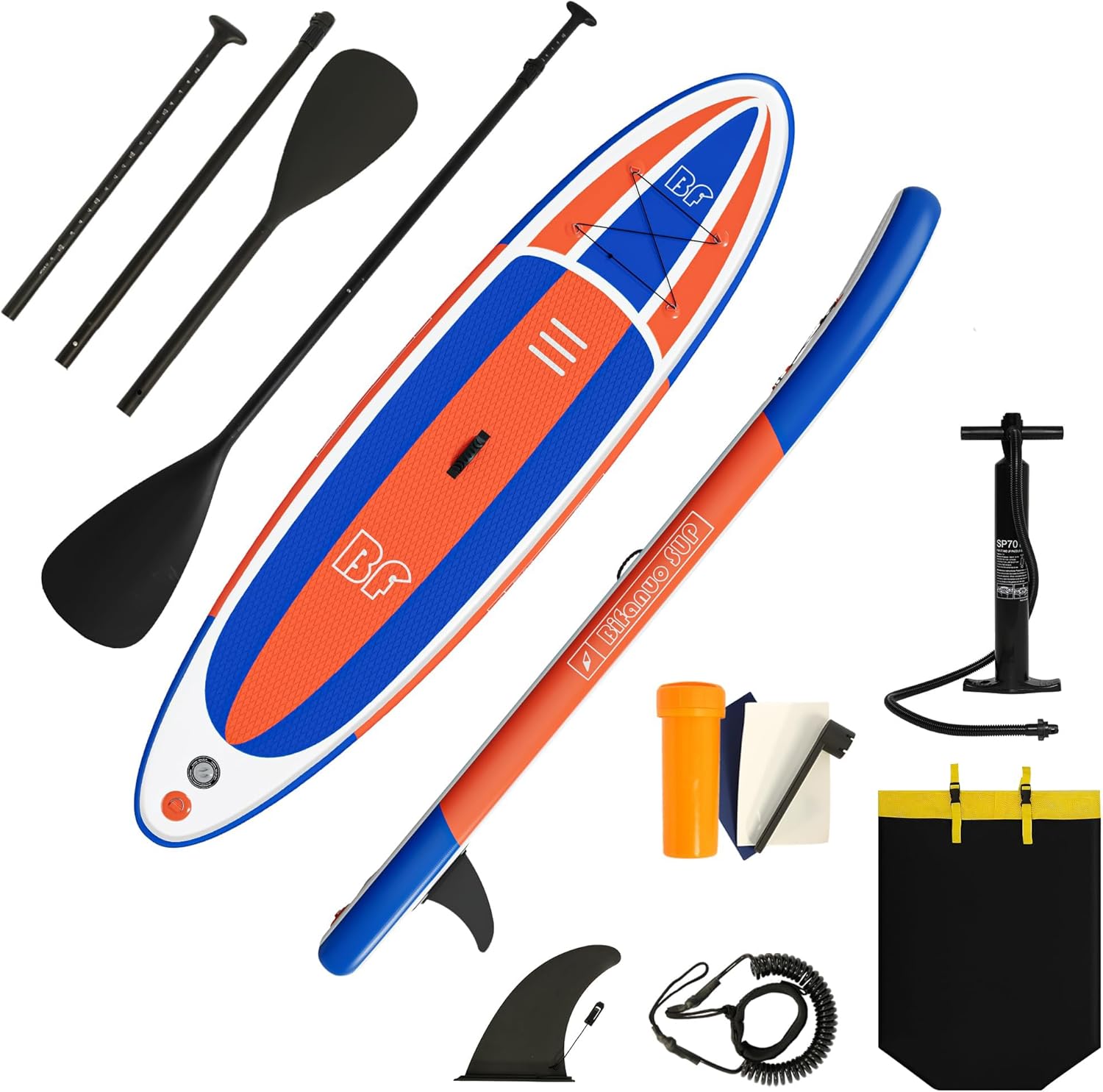 Bifanuo Inflatable Stand Up Paddle Board with SUP Accessories & Backpack. Paddle Boards for Adults. Non-Slip Deck, Wide Stance, Bottom Fin, Double Action Pump.