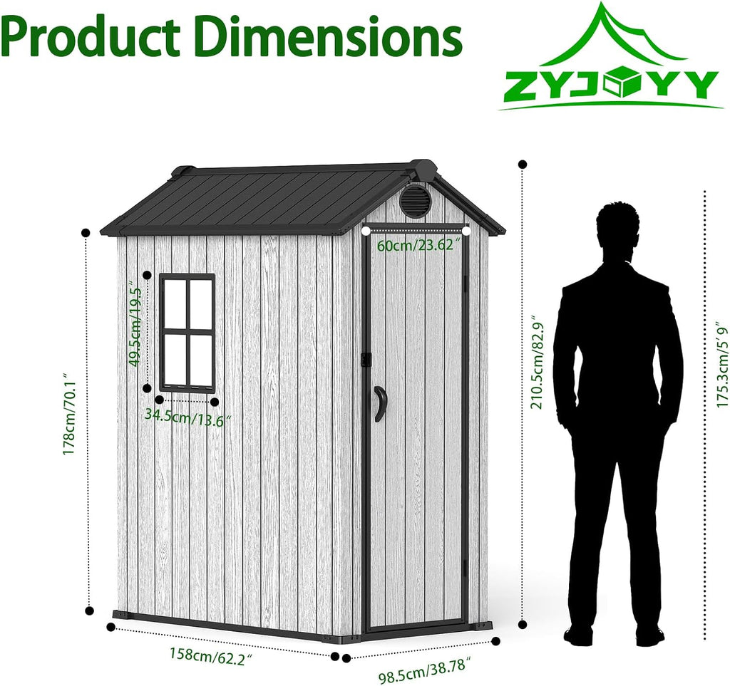 ZYJOYY 3x5 FT Outdoor Storage Shed Resin Garden Tool Shed with Lockable Doors & Slooping Roof, Plastic Shed with Floor for Garden, Backyard, Patio, Grey