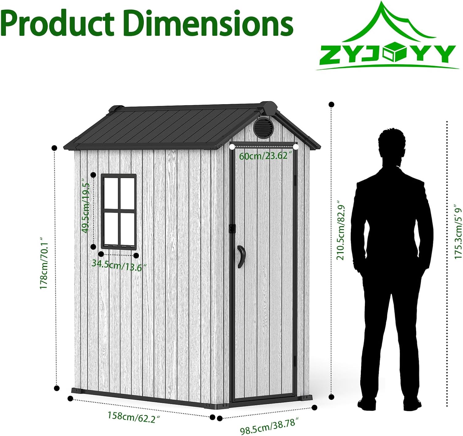 ZYJOYY 3x5 FT Outdoor Storage Shed Resin Garden Tool Shed with Lockable Doors & Slooping Roof, Plastic Shed with Floor for Garden, Backyard, Patio, Grey