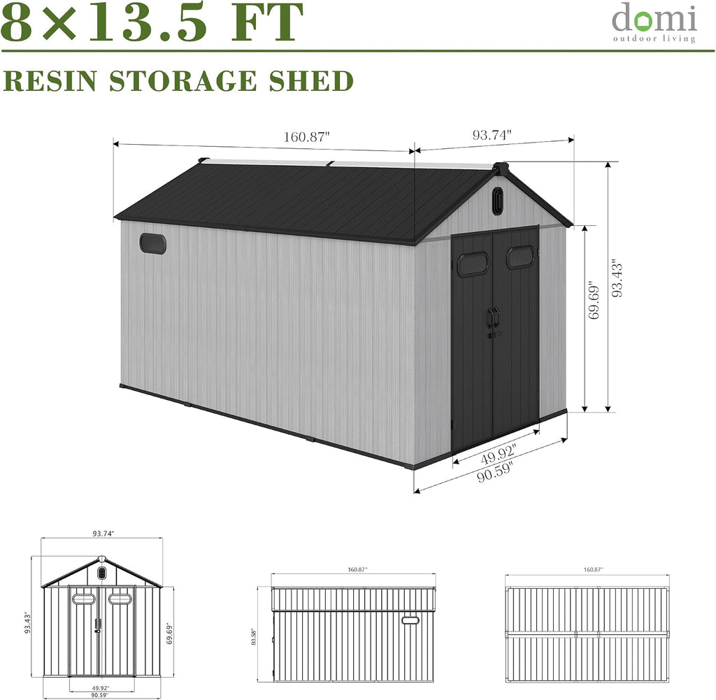 Domi 8x13.5FT Outdoor Resin Storage Shed with Transparent Windows & Louvered Vents, Plastic Tool Shed with Double Lockable Doors & Gable Roof, Outside Garden Shed for Backyard, Patio, Lawn, Grey