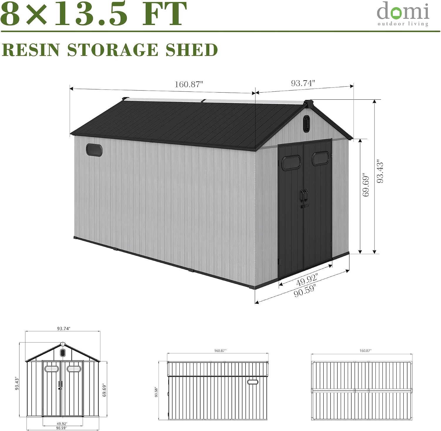 Domi 8x13.5FT Outdoor Resin Storage Shed with Transparent Windows & Louvered Vents, Plastic Tool Shed with Double Lockable Doors & Gable Roof, Outside Garden Shed for Backyard, Patio, Lawn, Grey