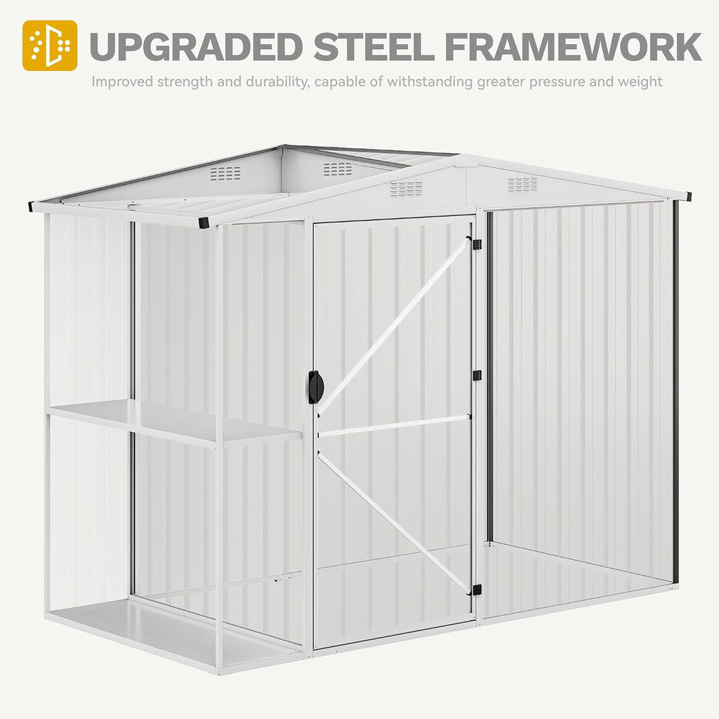 DWVO Outdoor Storage Shed 8x4FT with Rack, Metal Garden Shed with Storage Shelves, Bike Storage Tool Cabinet Box for Lawn Backyard Patio Use, Dark Gray