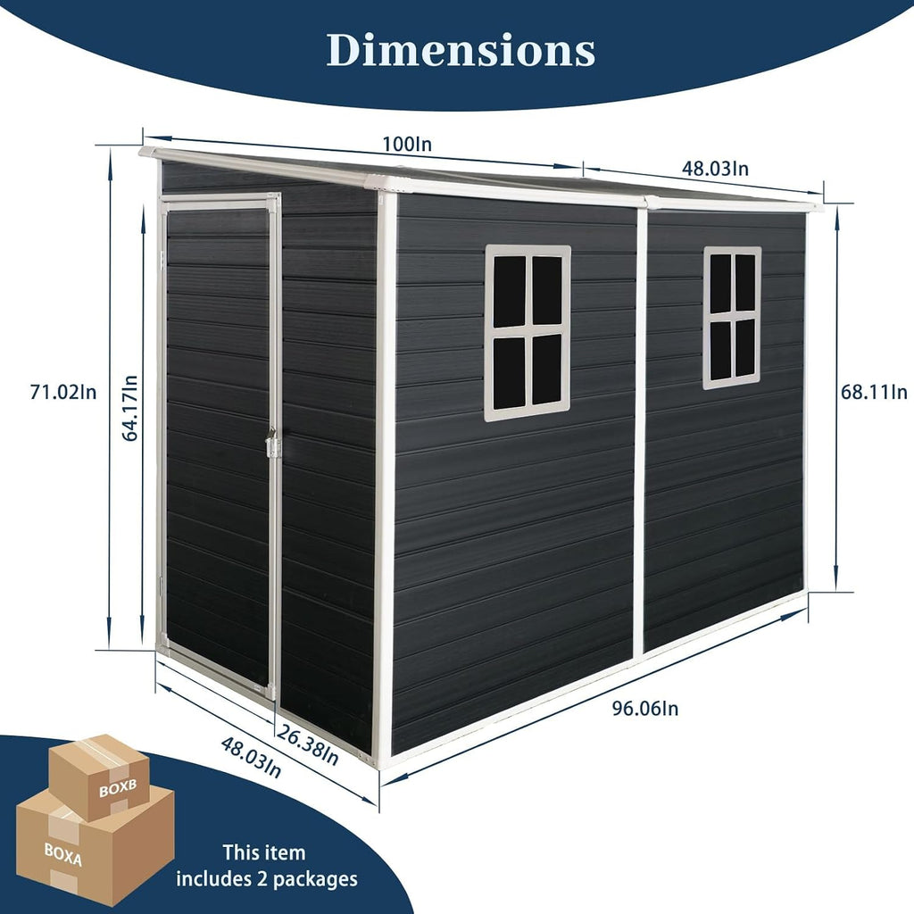 4'x8' Lean to Shed, Resin Storage Sheds Outdoor with Floor Included, Plastic Sheds & Outdoor Storage Clearance with 2 Windows, Backyard Storage Sheds for Garden Tools, Bicycle
