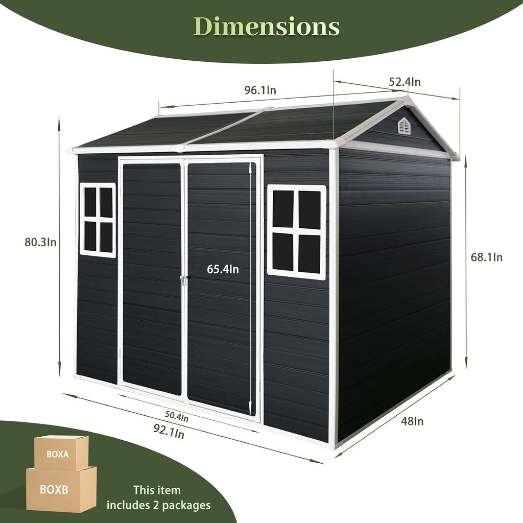 8x4 FT Resin Shed with Floor Included, Plastic Sheds & Outdoor Storage Clearance with 2 Windows and Lockable Door for Backyard, Bike, Garden Tools (Black)