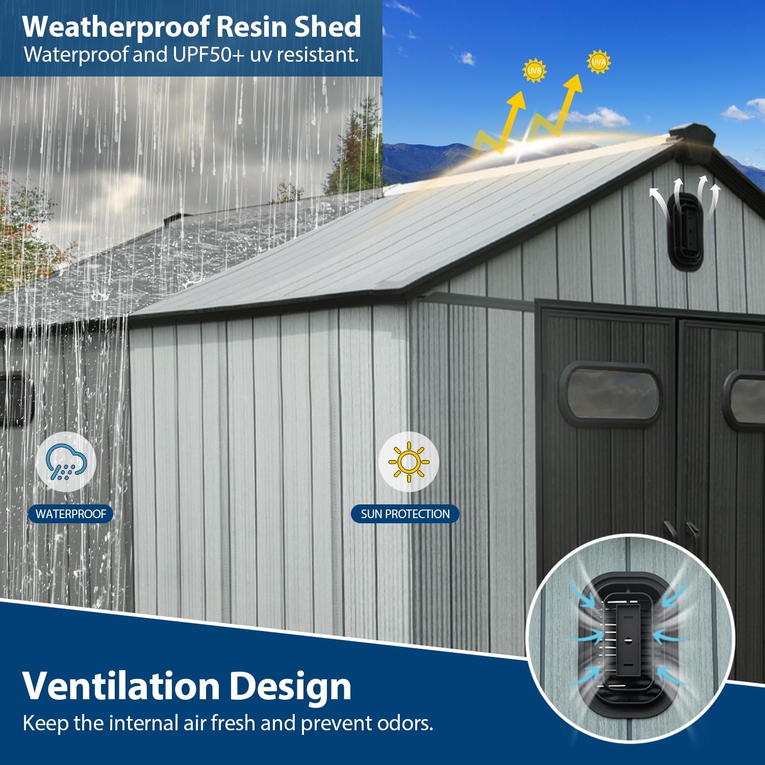 Domi 8x6Ft Resin Outdoor Storage Shed, Plastic Garden Shed with Carpet, Outside Weatherproof Storage Building for Tools, Bike, Lawn Mower, Patio, Backyard