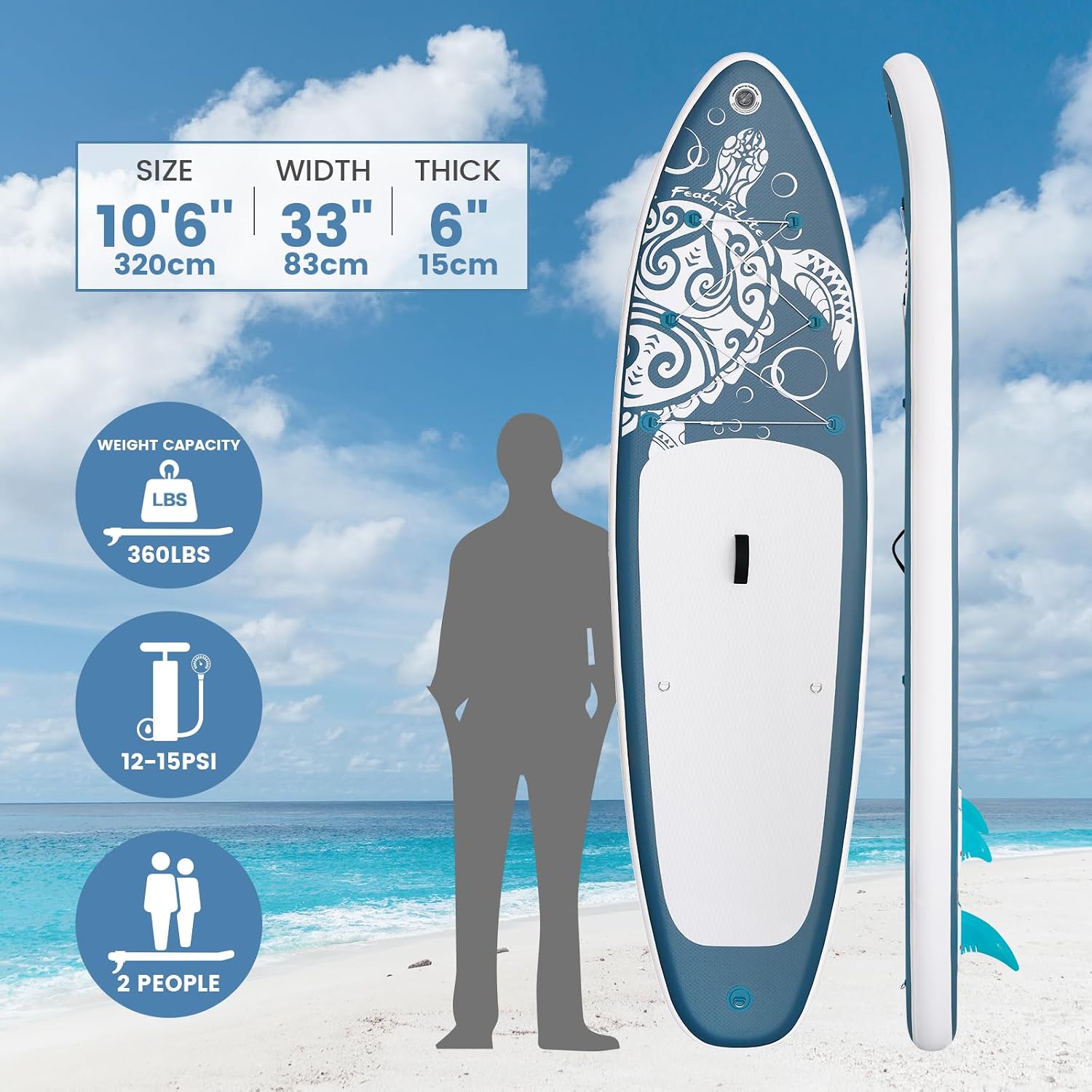 FEATH-R-LITE Inflatable Paddle Board Stand Up Paddleboards for Adults SUP with Premium Accessories Pump, Adjustable Paddle, Leash, Three Fins, Backpack