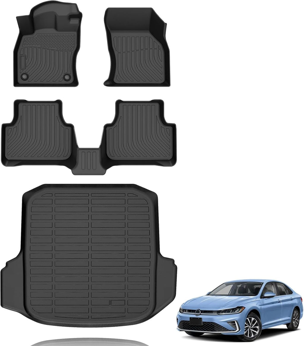 All Weather Car Floor Mats & Cargo Liner Set Fit for Volkswagen Jetta S/SE/SEL/SEL Premium/R-Line/Sport/GLI 2019-2025 2026 Floor Liners Trunk Liner Jetta Cargo Mat Accessories Black