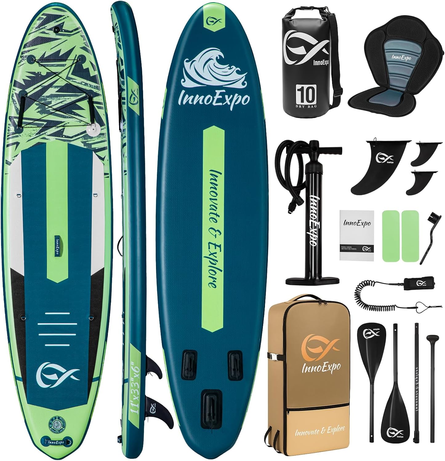 InnoExpo 11' Inflatable Stand Up Paddle Boards with Premium Accessories, Wide Stable SUP Paddle Board Design, Non-Slip Comfort Deck for Youth & Adults