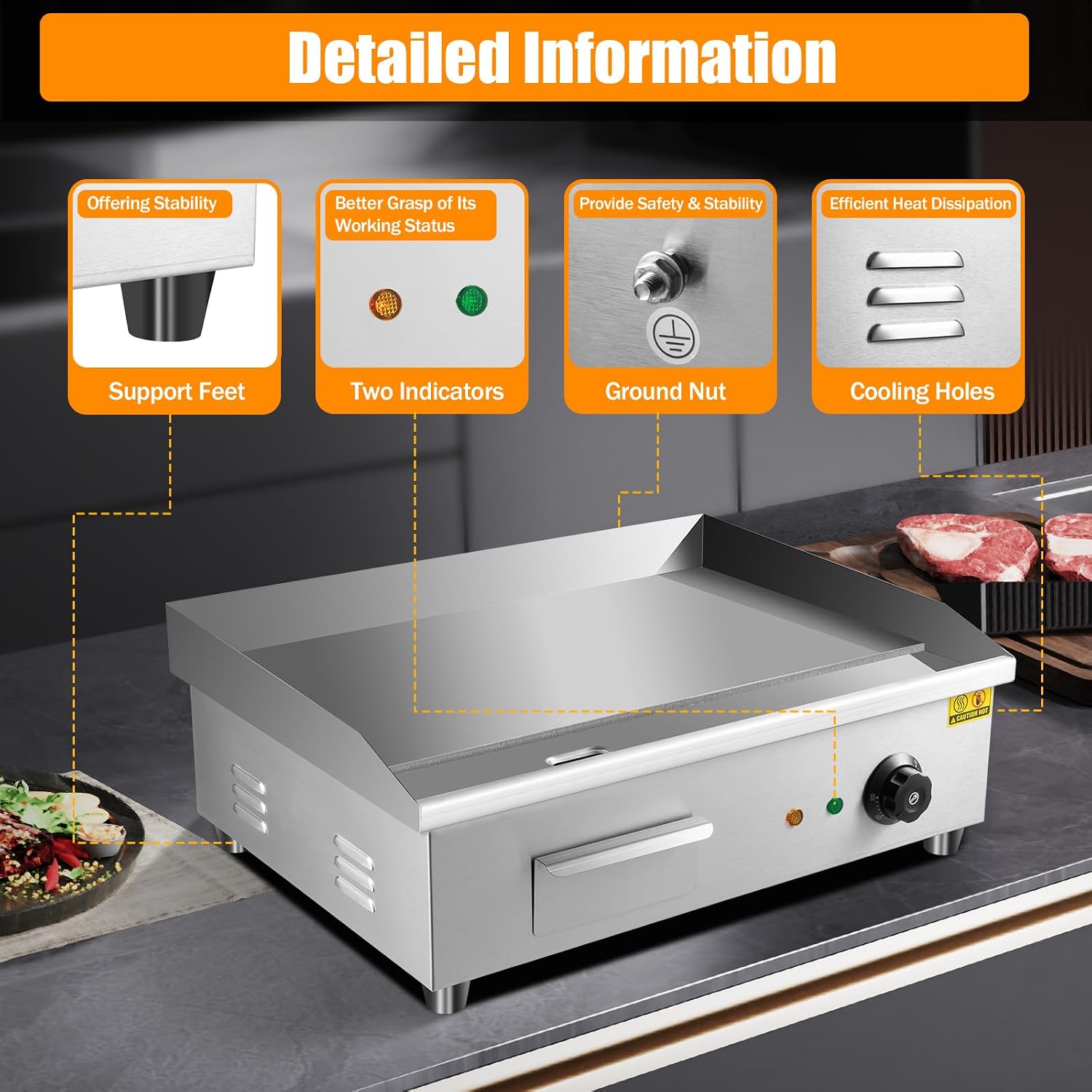 22' Commercial Electric Griddle Countertop Flat Top Griddle Stainless Steel Hibachi Teppanyaki Grill BBQ Plate 122-572℉ Adjustable Temp Control for Restaurant Kitchen,110V (3000W)