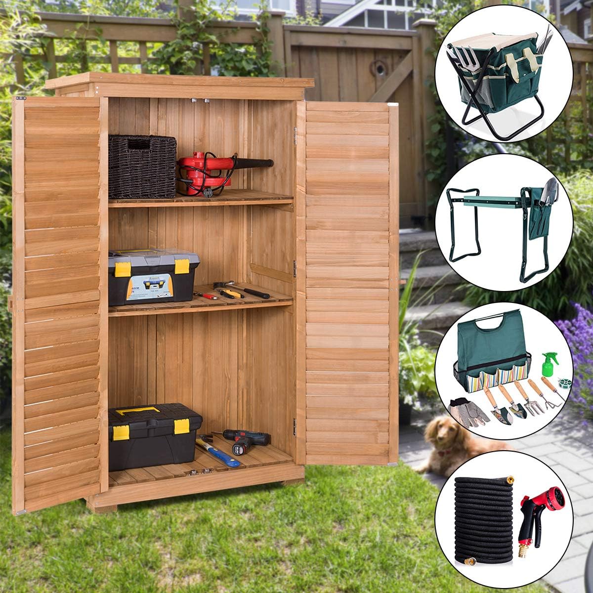 Goplus Outdoor Storage Cabinet, Wooden Storage Shed with Latch, Detachable Shelves & Weather Resistant Pitch Roof, Vertical Garden Tool Organizer for Outside Yard Patio Deck