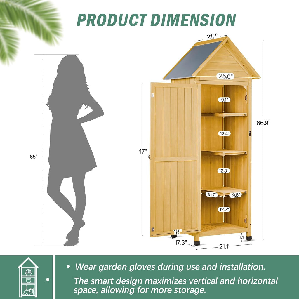 Wooden Outdoor Storage Cabinet,Tall Vertical Garden Tool Shed with Waterproof Metal Roof & Adjustable Feet – Perfect for Yard, Patio, Lawn & Deck (Yellow, 22' x 26' x 67')