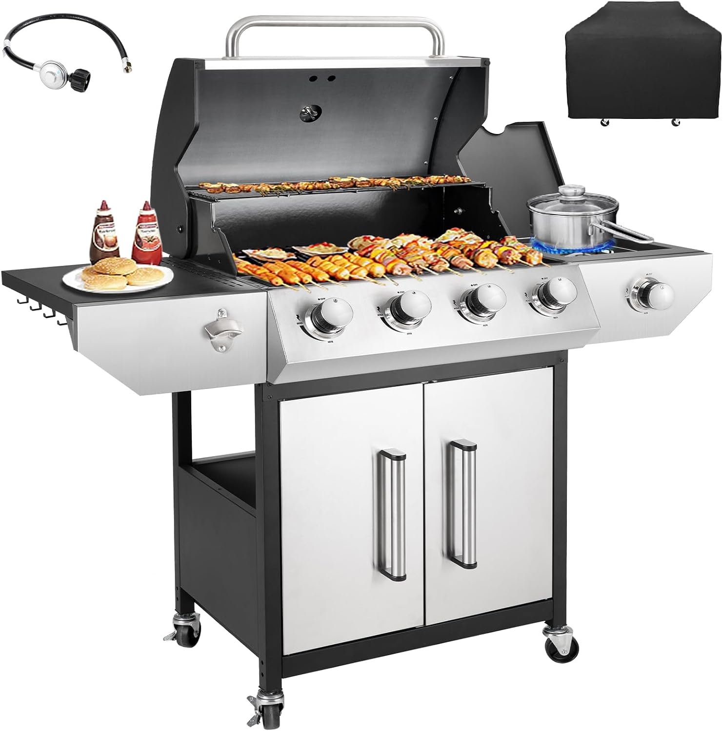 Kendane 4-Burner Propane Gas BBQ Grill with Side Burner, Barbecue Gas Grill with Enameled Cast Iron Grates for Outdoor Patio Garden Barbecue, 53,000 BTU, with Stainless Steel Grill Cover
