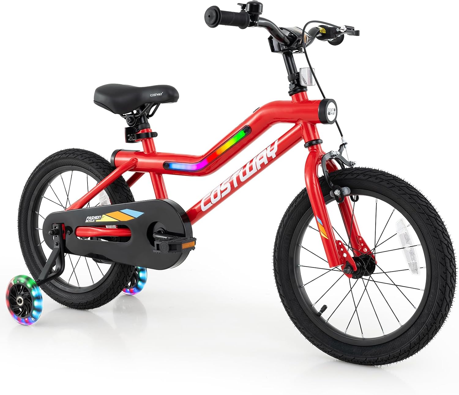 COSTWAY 16'/18' Lighted Kids Bike, Children Sport Bicycle with LED Light-up Frame, Adjustable Saddle, Training Wheels, Handbrake & Coaster Brake, Kids Riding Bike for 4-7/4-8 Years Old Boys & Girls