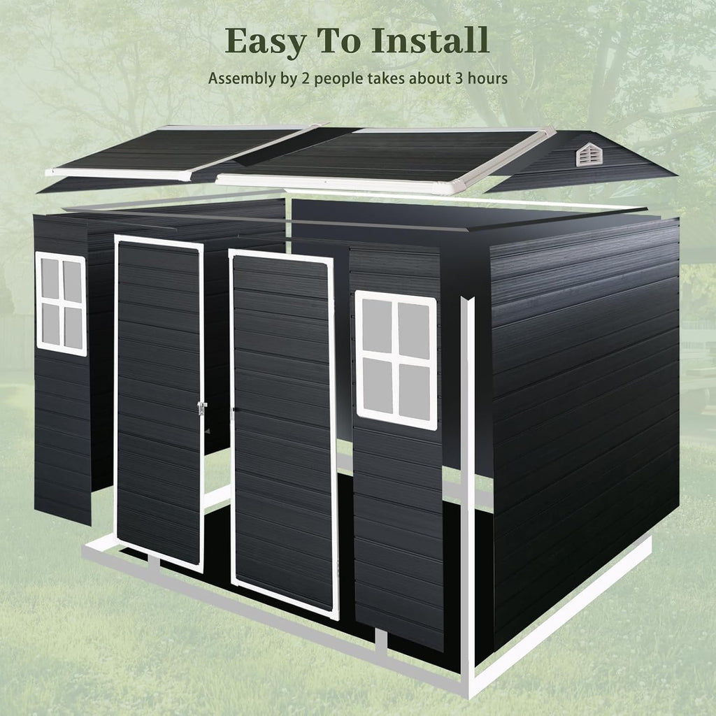 8x4 FT Resin Shed with Floor Included, Plastic Sheds & Outdoor Storage Clearance with 2 Windows and Lockable Door for Backyard, Bike, Garden Tools (Black)