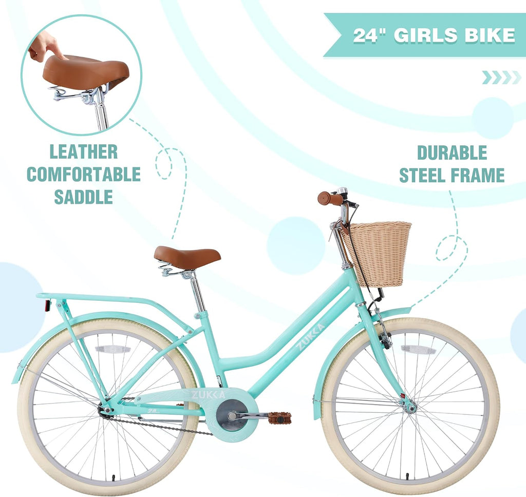 20'/24' Inch Girls Cruiser Bike 1-Speed Hybrid City Bicycle for Youth 7-10+ Years Old with Wicker Basket & Rear Rack，Kids Cycle Bikes，Hand&Pedal Brake，Steel Frame，Multiple Colors