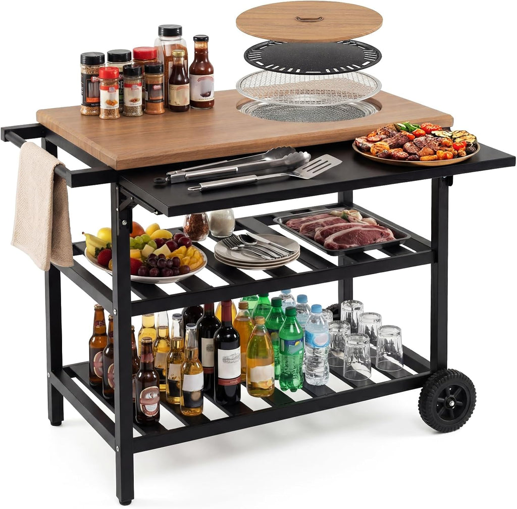 HAPPYGRILL Outdoor Grill Cart, Movable Food Prep Table with Korean BBQ Charcoal Grill, Foldable Side Panel, 2 Storage Shelves, Outside Pizza Oven Table for Patio Backyard Cooking BBQ