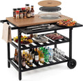 HAPPYGRILL Outdoor Grill Cart, Movable Food Prep Table with Korean BBQ Charcoal Grill, Foldable Side Panel, 2 Storage Shelves, Outside Pizza Oven Table for Patio Backyard Cooking BBQ