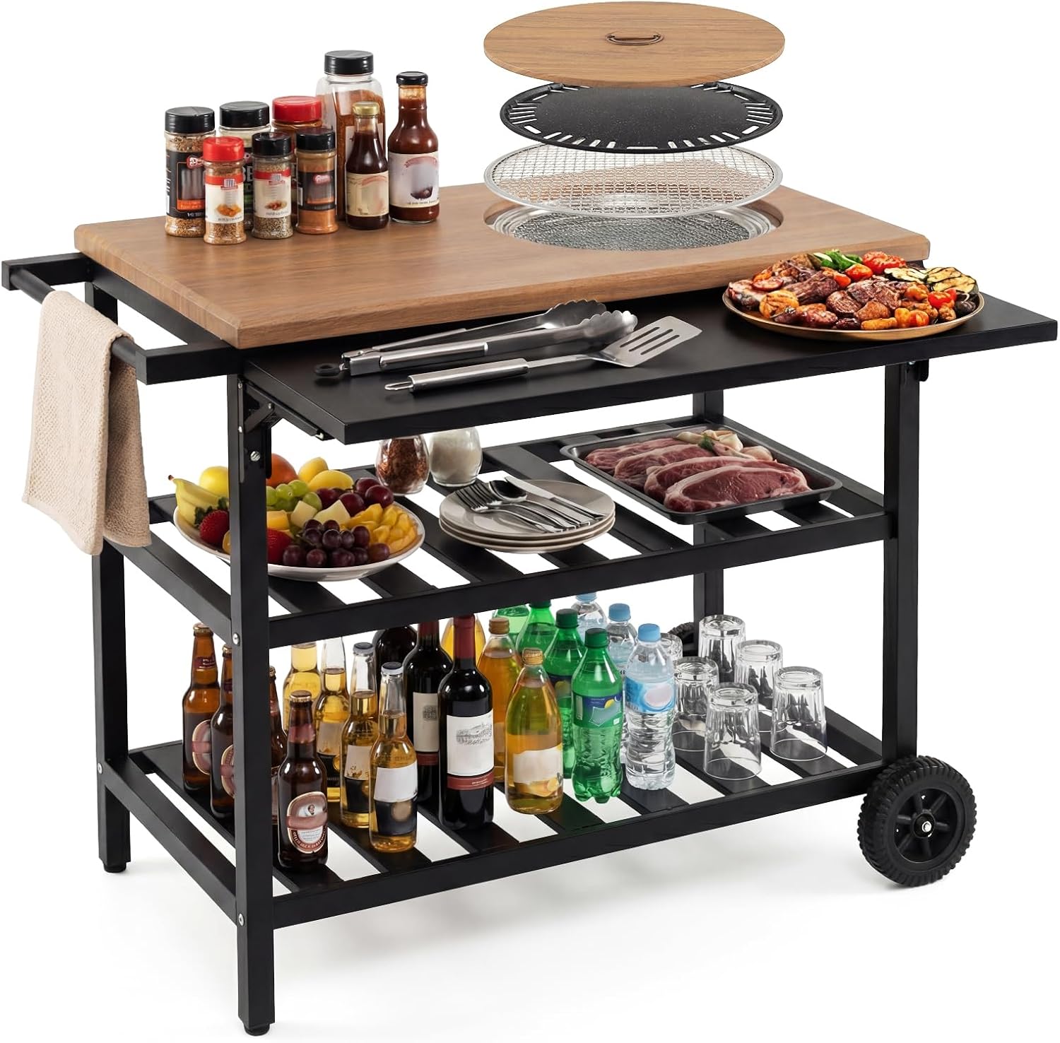 HAPPYGRILL Outdoor Grill Cart, Movable Food Prep Table with Korean BBQ Charcoal Grill, Foldable Side Panel, 2 Storage Shelves, Outside Pizza Oven Table for Patio Backyard Cooking BBQ