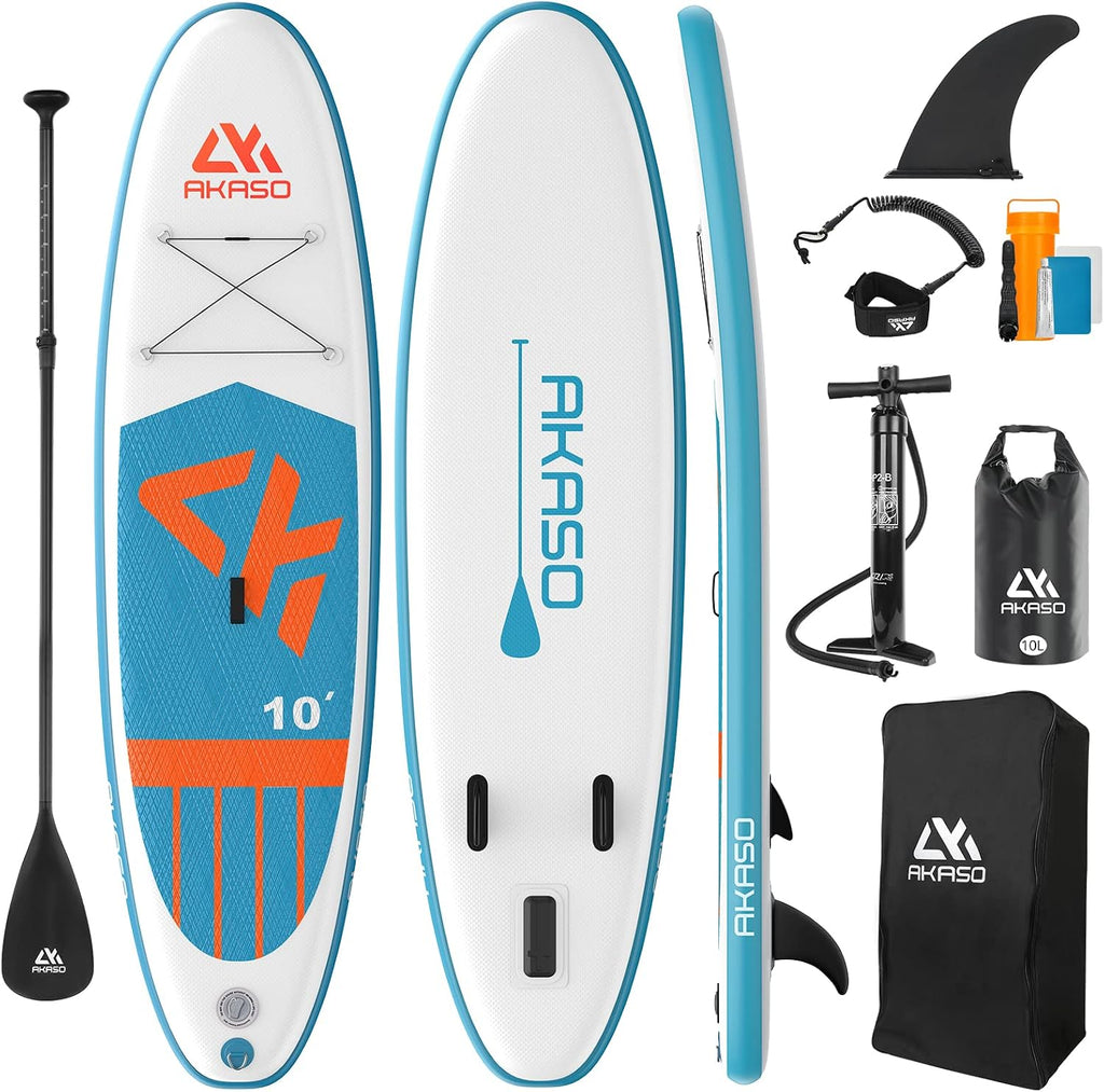 AKASO Inflatable Stand-Up Paddleboard, Yoga SUP with Backpack, Non-Slip Deck, Waterproof Bag, Leash, Floating Paddle and Hand Pump