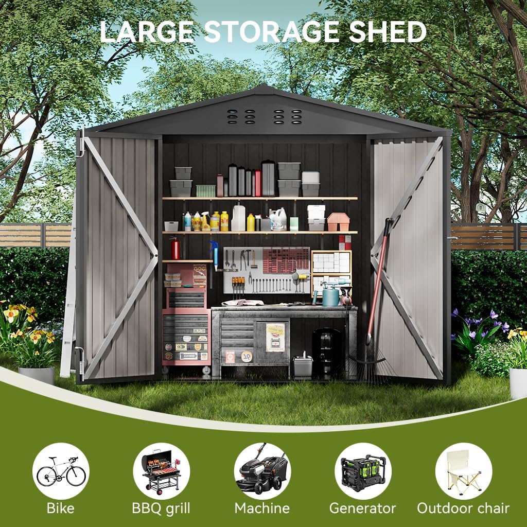COMHOMA Shed Outdoor Storage Shed Metal,Lockable Doors Tool Sheds with Sloping Roof,Steel Garden Shed with Air Vent for Backyard,Patio,Lawn,Poolside(Grey,6'x4')