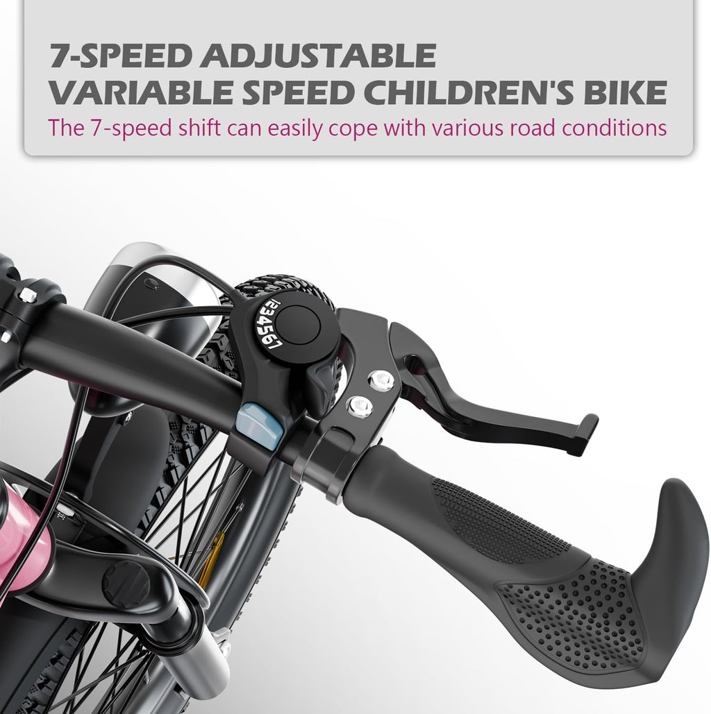 20 Inch Mountain Bike Bicycle for Kids Ages 7-12 with Dual Disc Brakes, 7 Speeds, Shock Absorber, LED Lights,for Boys & Girls