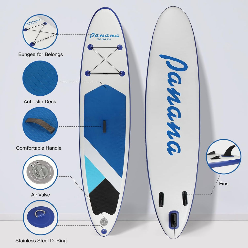 Panana Inflatable Stand Up Paddle Board 10'/10'8''x30''/32''x6'' iSUP Non-Slip Deck Paddleboard for Adults Beginners Youth, with Paddle Pump Fins Leash Backpack