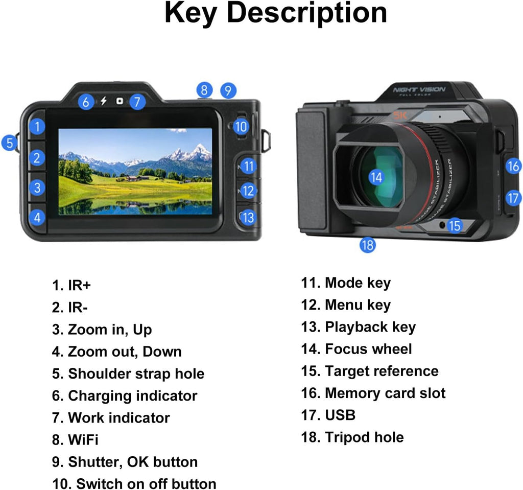 5K Night Vision Digital Camera, IR Night Vision 50MP Camcorder Video Camera Point & Shoot Digital Camera with 4 Large Screen, 50x Zoom, 4800mAh Rechargeable Battery, 64G SD Card