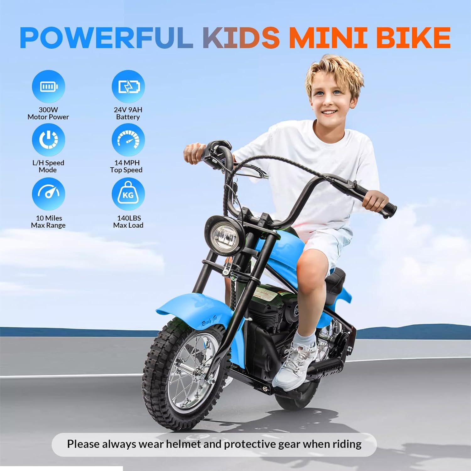 Garveelife Electric Dirt Bike, 15 Mph & 150 LB Max, 24V Ride On Toy for Big Kids w/Led Lights & Power Display, 300W Chain-Driven Motor, Two Speed, Handbrake, Leather Seat, 12 in Air-Filled Tires, Blue