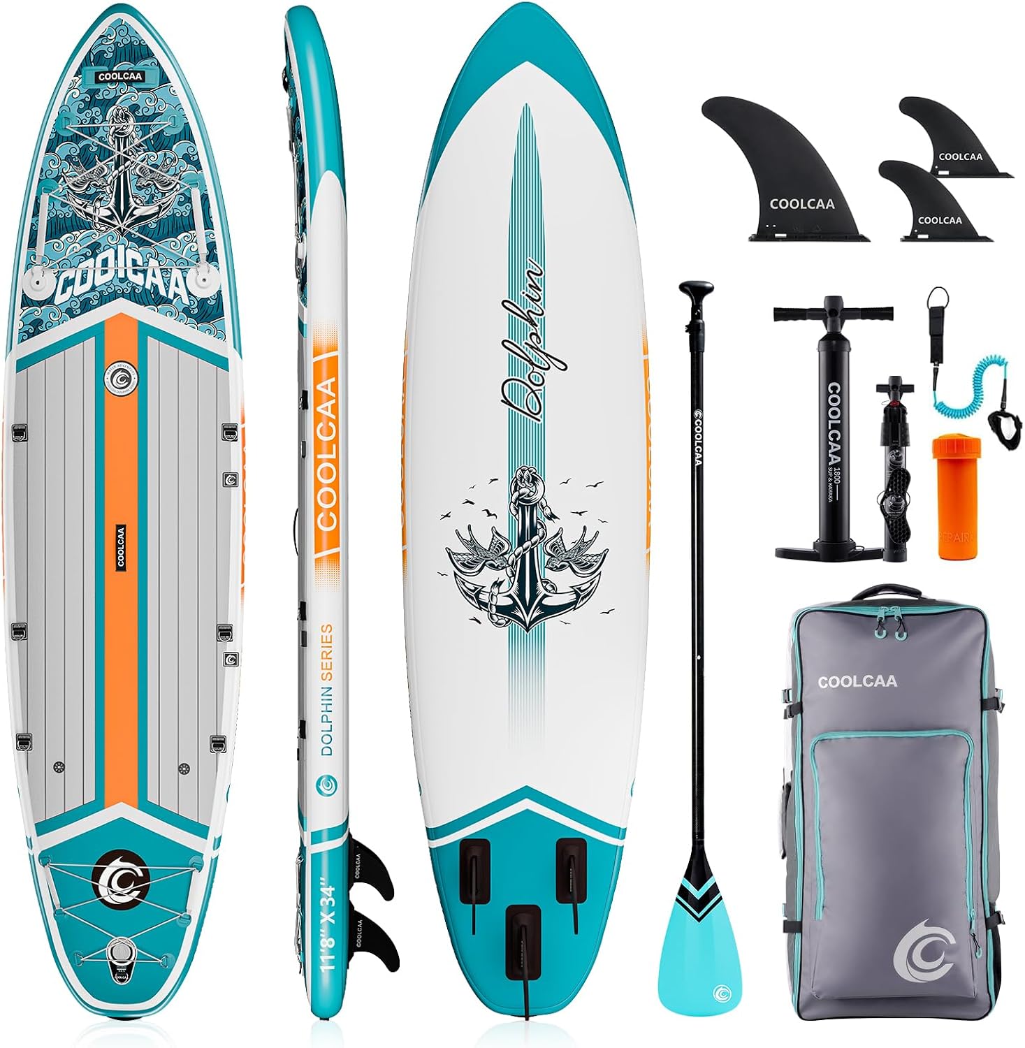 COOLCAA Dolphin Inflatable Paddle Board, Extra Wide & Stable SUP for Family and Beginners, Versatile for Water Activities, with Complete Accessories & Backpack