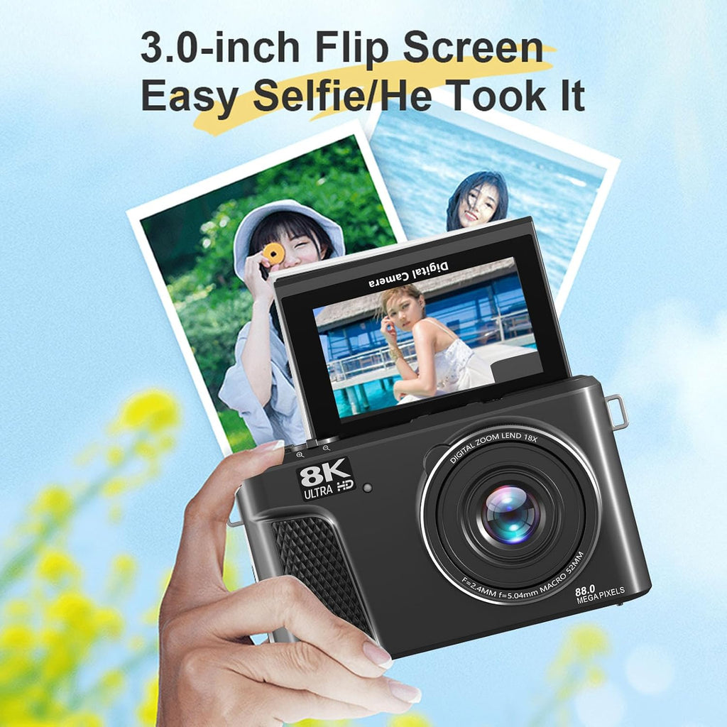 PUSOKEI 8K Digital Camera, Auto Focus 88MP Cameras for Photography, 18x Zoom WiFi Vlogging Camera, 3 inch Flip Screen, with Webcam Mode, Filter, Multiple Filters LED Fill Light (Black)